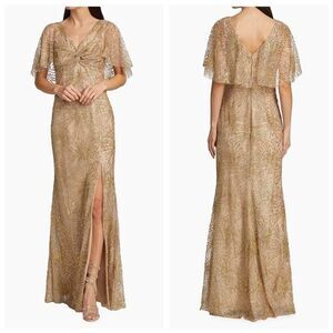 NWT Marchesa Notte Womens Embellished Short Sleeve Gown Gold Size 12